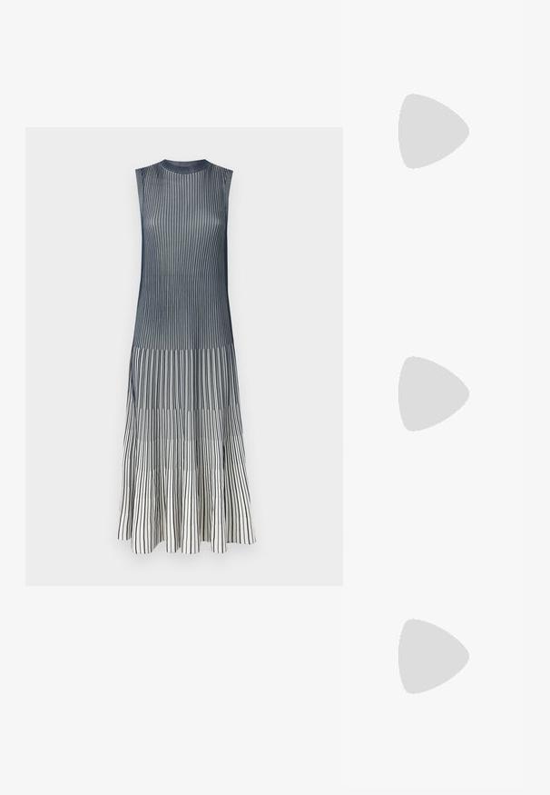 Sleeveless dress with a round neck; features vertical blue and white stripes; textured fabric with a flowing A-line silhouette.; Black patent leather ankle boot with a pointed toe and a mid-height block heel. Smooth texture and minimalist design.; Brown leather shoulder bag with a smooth texture, rounded shape, wide strap, and circular metallic accent on the handle.; Silver metallic leather jacket with shearling collar, featuring a zip closure and textured surface. Large teardrop earrings with clear gemstones.