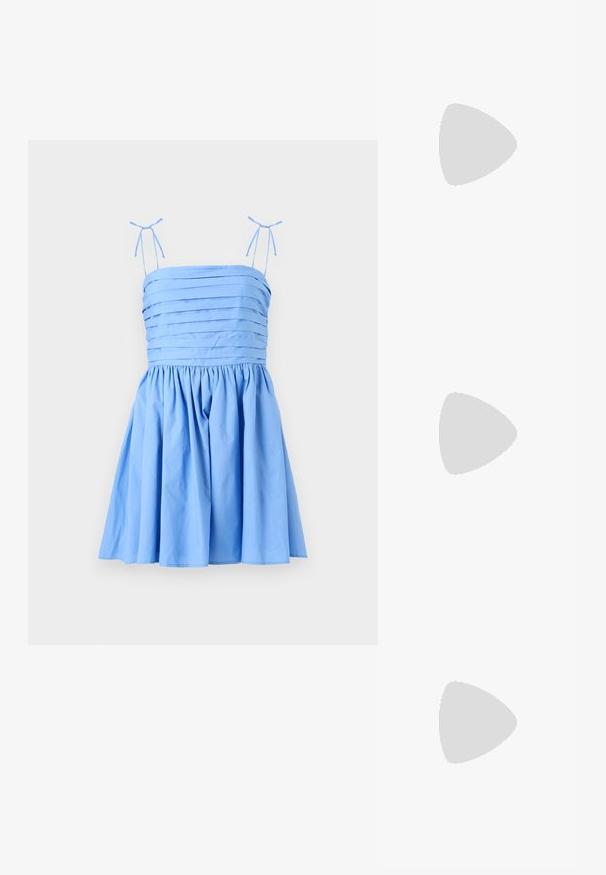 Light blue dress with thin, adjustable straps. Features a pleated bodice and a gathered skirt, made from a smooth, soft fabric.; Beige slingback shoe with perforated upper, pointed toe, and a contrasting triangular heel featuring a gold accent. Smooth texture overall.; Tortoiseshell sunglasses with elongated oval lenses, brown tint, gold logo accents on temples, and sleek black arms.; Gold metallic handbag with a structured design, smooth texture, and adjustable strap. Features a unique triangular shape and minimalist stitching.