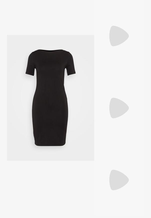 Vero Moda VMPANDA SHORT DRESS  - Trikotāžas kleita - black; Sudraba slingback augstpapēžu kurpe ar norādītu purngalu, metālisku apdari, diviem dekoratīviem siksniņām un plānu papēdi ar melnu galu.; Melna ādas plecu soma ar gludu tekstūru, izliekta forma, regulējama siksna un rāvējslēdzēja aizdare. Minimālistisks dizains bez rotājumiem.; Zelta krāsas auskari ar teksturētām, viļņotām formām. Iekļauts skulpturāls piespraužams modelis un atvērta gredzenveida konstrukcija ar izsistām virsmām.