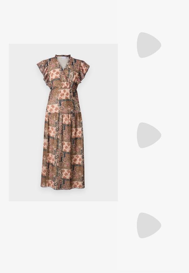 Vestido maxi com um design em patchwork em tons quentes, mangas franzidas, decote em V e uma cintura elástica para uma silhueta ajustada.; Sapatos de salto alto metálicos dourados, com biqueira em ponta e salto grosso. Textura suave, design minimalista e uma tira estreita.; Bolsa de couro preta com forma curva, alça destacável e detalhes em dourado. A bolsa possui uma aba com detalhe de fivela.; Brincos em tom de ouro com formas onduladas e texturizadas. Inclui studs escultóricos com presilha e um design de argola aberta com um acabamento martelado.