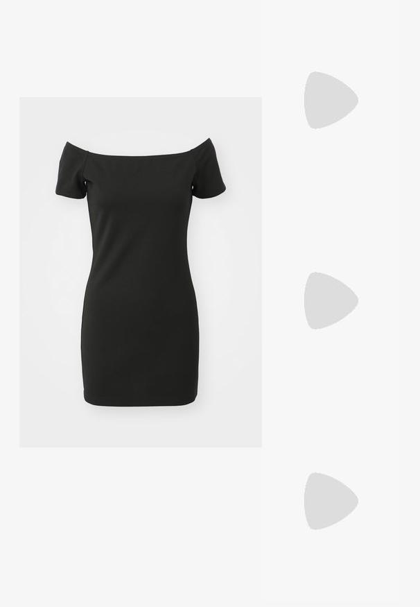 Čierne off-the-shoulder šaty vyrobené z elastického materiálu, s krátkymi rukávmi a priliehavým strihom. Hladká textúra bez vzorov.; Čierne kožené slip-on mule s špicatou špičkou, zberanou textúrou a malým podpätkom. Obsahuje šnúrovací detail na otvorení.; Čierne, ostré slnečné okuliare so sivými sklami; vyrobené z plastu, majú hrubé ramená s hladkým povrchom a bez viditeľnej mechaniky.; Malá čierna kožená kabelka zaobleného tvaru, s hornou rukoväťou a odnímateľným popruhom. Nosená s čiernymi látkovými šatami a čiernymi plisovanými topánkami.