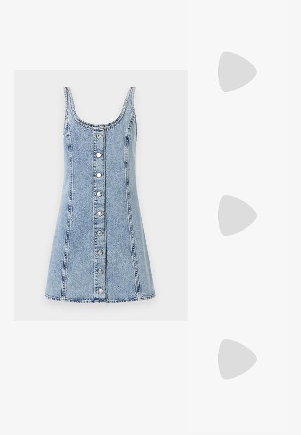 Denim dress with a scooped neckline and thin straps. Light blue fabric, A-line shape, featuring front buttons and visible stitching details.; Black leather ballet flat with a rounded toe, smooth texture, minimal stitching detail, and a flexible sole design.; Black leather bucket bag with a textured finish, gold hardware accents, and an open top. Features a short handle and adjustable shoulder strap.; Gold-tone knot stud earrings with a twisted design. Each earring features a circular clear backing for secure wear.