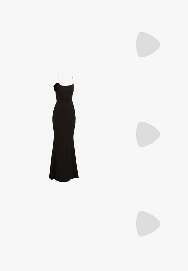 Vestido preto, justo ao corpo, sem mangas, com um destaque floral em um dos ombros, feito de um tecido suave e com uma barra ampla.; Salto slingback em patente preta com bico apontado, apresentando um padrão de pele de cobra texturizado, tira ajustável e um salto bloco curto e texturizado.; Mala de mão de couro preta com uma alça de corrente dourada, apresentando uma textura suave, forma retangular e uma marca gravada na parte da frente.; Lauren Ralph Lauren BASIC SMALL HOOP - Brincos - gold-coloured