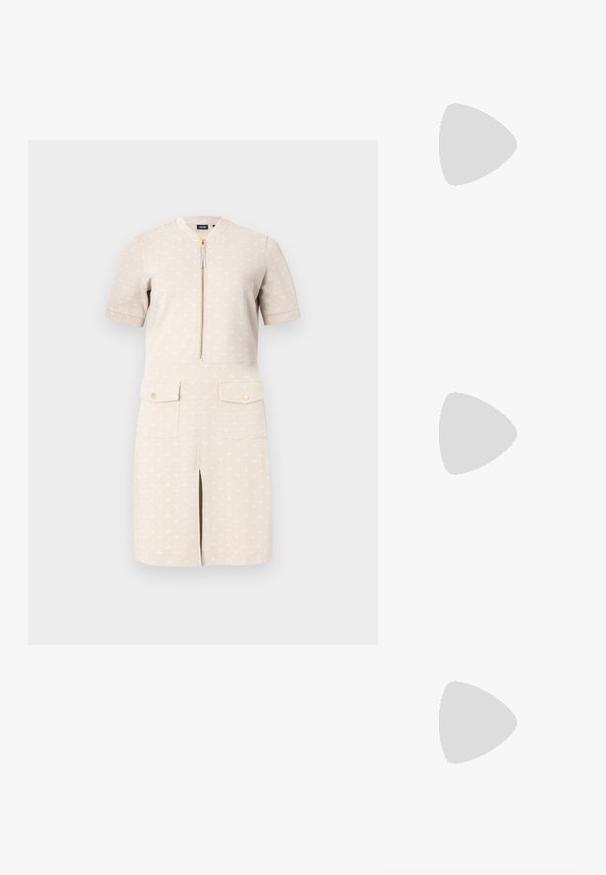 JOOP! TALI - Džersejové šaty - open beige; Čierne kožené baletky, špicatý špička, minimalistický dizajn, hladká textúra, nízky podpätok, bez viditeľných prvkov alebo ozdôb.; Čierna kožená crossbody taška s hladkou textúrou, obdĺžnikovým tvarom a kovovým reťazovým detailom na prednej strane. Súčasťou je nastaviteľný popruh.; Zlaté kruhové náušnice s hladkým, lesklým povrchom. Cirkulárny dizajn s malým steblom a jasným záznamom pre bezpečné nosenie.