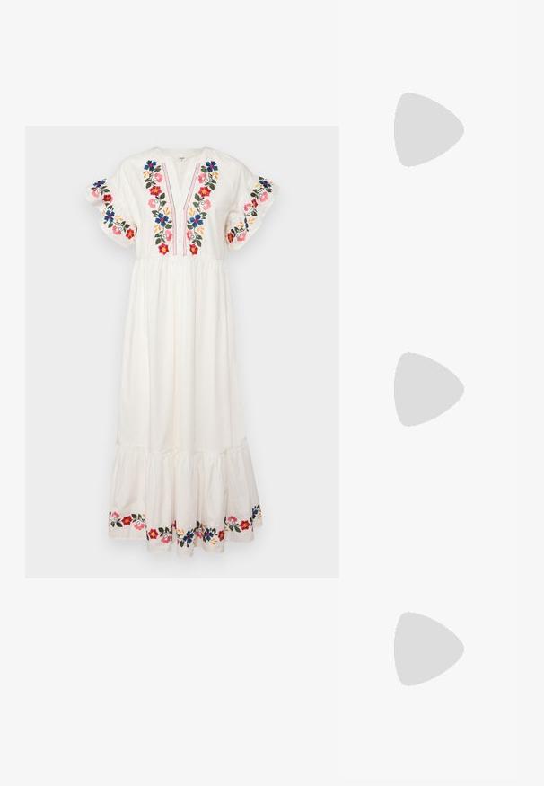 Robe maxi blanche ornée de broderies florales en rouge, bleu et rose. Présente un décolleté en V, des manches courtes à volants et un ourlet en cascade.; Sandale blanche à talons hauts avec un talon épais, présentant un design à lanières et un lien autour de la cheville. Texture lisse avec une plateforme à l'avant pour une hauteur supplémentaire.; Lunettes en métal doré avec des verres ovales, des branches fines et des plaquettes de nez transparentes. Présente des accents subtils sur les charnières et des verres transparents.; Sac en paille tressée beige avec une forme courbée, une courte poignée et une fermeture éclair sur le côté. Présente une surface texturée et un design minimaliste.