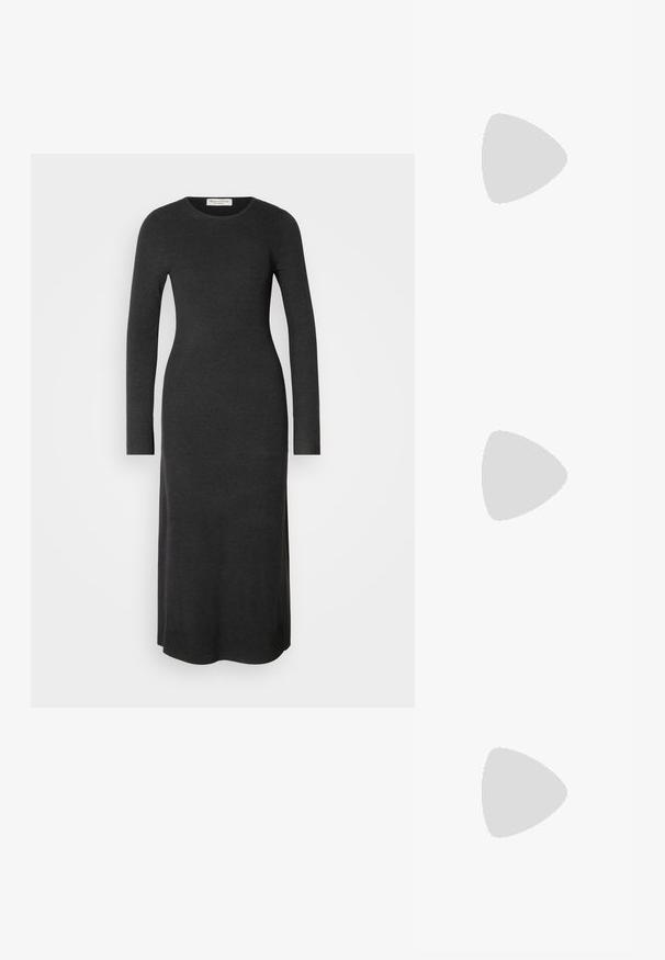 Long-sleeve, dark gray knit dress with a fitted silhouette, round neckline, and side slits for ease of movement. Smooth texture throughout.; Black patent leather slingback shoes with a pointed toe, silver hardware detail, and a low block heel. Smooth, shiny texture throughout.; Black leather crossbody bag featuring a smooth texture, rectangular shape, and a metallic chain detail on the front. Adjustable strap included.; Silver drop earrings with a square stud, featuring a smooth, polished finish and a teardrop shape, reflecting light with a glossy surface.