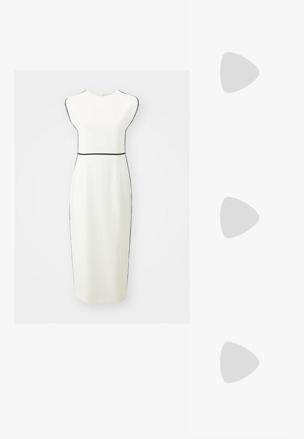 BOSS DETIRA - Jurk - open white; Witte leren hoge hakpump met een spitse neus, gladde textuur en zwarte zoolaccent. Klassiek ontwerp met een gematigde hakhoogte.; Crème leren handtas met een gestructureerd ontwerp, contrasterende zwarte randen, gouden hardware en een afneembare schouderband met een handtekening logo.; Gouden oorringen met een gedraaide touwontwerp, zilveren pinnen en vierkante accenten. Glad metallic afwerking met een gepolijste uitstraling.
