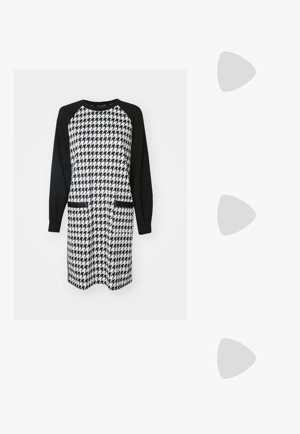 Rochie alb-negru cu un model houndstooth pe corp, cu mâneci raglan negre solide și două buzunare frontale.; Pantof de damă din piele neagră, cu toc înalt, vârf ascuțit, textură fină și toc conic. Design minimalist, fără embellishments suplimentare.; Geantă de umăr din piele neagră cu o textură moale, formă triunghiulară și curea ajustabilă, asortată cu o bluză cu dungi albastre deschise și pantaloni albi.; Cercei rotunzi din argint cu un finisaj neted și strălucitor. Design ușor, având o formă rotundă și închidere cu tijă.