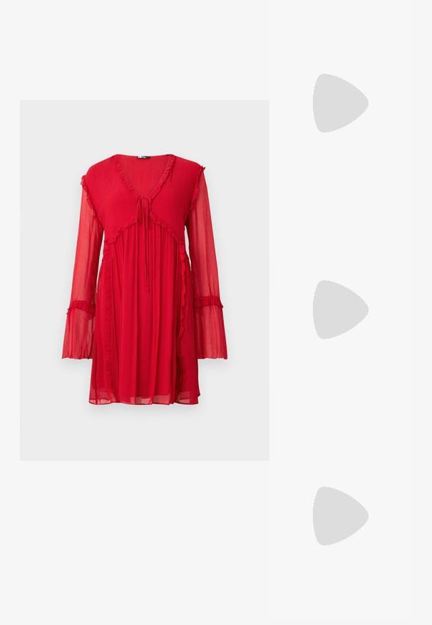 Red, long-sleeve dress with a V-neck, tie detail, and ruffled accents. Made of lightweight, textured fabric with a flowy silhouette.; Black leather ballet flat with a rounded toe, smooth texture, minimal stitching detail, and a flexible sole design.; Black leather crossbody bag with half-moon shape, textured surface, gold zipper, and a flat strap. Compact design suitable for essentials.; Silver hoop earrings with a smooth, rounded design and a sleek, polished finish. Features a minimalistic shape with a slight opening.