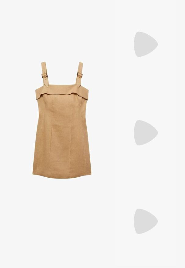 Mango Enostavna obleka - sand; Bershka Sandali z visoko peto - black; Kvadratne sončna očala z rjavimi lečami in tankim črnim kovinskim okvirjem. Imajo poševne ušesne dele in nastavljive nosne blazinice za udobje.; Črna usnjena torbica s ukrivljeno obliko, z odstranljivo naramnico in zlatimi dodatki. Torbica ima pokrov s podrobnostmi v obliki zaponke.