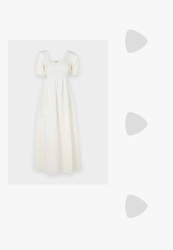 Witte, knie-lange jurk van lichtgewicht stof, met korte puffmouwen, een vierkante halslijn en geplooid detail bij de taille.; Gouden vegan leren sandalen met twee verstelbare banden, een kurken voetbed en een donker rubberen zool. Zachte textuur met metallic afwerking.; Rechthoekige zonnebril met een schildpad-print kunststof montuur, donkere lenzen en zilveren accenten aan de zijkanten. gemaakt in Italië.; Bruin leren schoudertas met logo-patroon, gouden kettingband, ritsluiting en gouden hardwareaccenten. Compacte en rechthoekige vorm.; Gouden metalen ring oorbellen met een glad, rond ontwerp en een veilige scharnier sluiting. Lichtgewicht met een gepolijste afwerking.