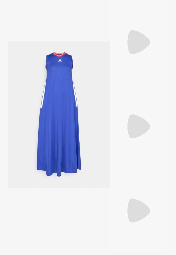 Blue maxi dress made of lightweight fabric with a round neck, sleeveless design, and red accents on the collar. Side stripes in white.; Black patent leather slingback heels with a pointed toe and a geometric block heel. Features a sleek, minimal design and smooth texture.; Brown tortoiseshell glasses with oval lenses, thin arms, and transparent accents. Features a subtle logo on the temple. Sleek, lightweight design.; Brown leather tote bag with two long handles, structured shape, smooth texture, and minimalistic design. No visible hardware or accents.
