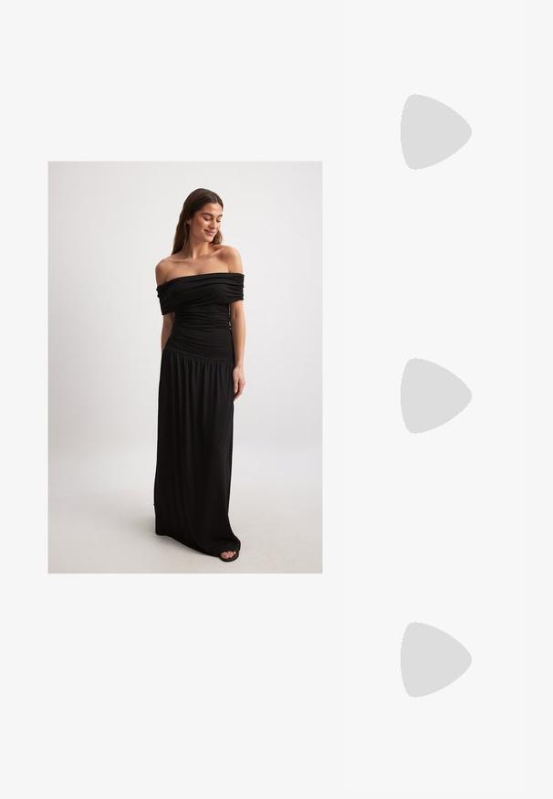 NA-KD OFF SHOULDER HIP DETAIL MIDI DRESS - Dolga obleka - black; Rumene sandale na blok petu s tremi nastavljivimi trakovi, zasnova s kvadratnim nosom, gladek sintetični material in sponke v srebrni barvi.; Zlato obarvana pravokotna ročna ura z belo številčnico, srebrnimi kazalci in trdno kovinsko zapestnico. Vključena je vodoodporna funkcija.; Zlato obarvani prstani z gladkimi, zaobljenimi oblikami, ki se prepletajo. Visoko sijajen zaključek z refleksivno površino, ki prikazuje brezhiben dizajn.