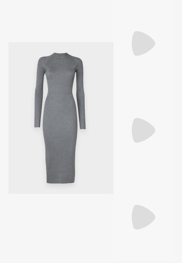 Vero Moda Tall VMWILLOW DRESS - Haljina s naramenicama - medium grey; Crne lakirane kožne sandale s otvorenom petom i špicastim vrhom, s geometrijskom blok petom. Imaju elegantan, minimalistički dizajn i glatku teksturu.; Crna kožna torba s lukovitim oblikom, odvojivim remenom i zlatnim detaljima. Torba ima preklop s kopčom.; Zlatna metalna narukvica s fluidnim, zavojitim dizajnom. Sadrži mali, istaknuti srebrni akcent na jednom kraju.
