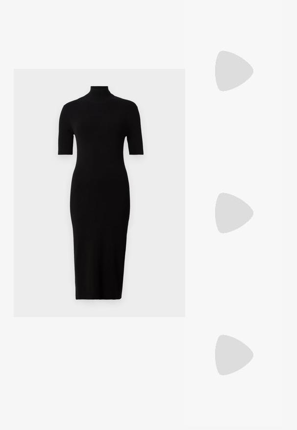 Calvin Klein COMFORT MOCK NECK DRESS - Džemperkleita - black; Baltas ādas sporta apavi ar biezu balto zoli, melna zamša uzpura un izspiestais logotips sānos. Šņorējuma dizains ar sešiem acu caurumiem.; Melni pārmēru saulesbrilles ar ģeometrisku formu, kas aprīkotas ar tumšiem stikliem un kontrastējošu pelēku akcentu uz rāmja. Logo uz kājas.; Sudraba riņķveida auskari ar gludu, spīdīgu apdari. Apaļas formas, viegla dizaina, ar aizdari uz stieples.