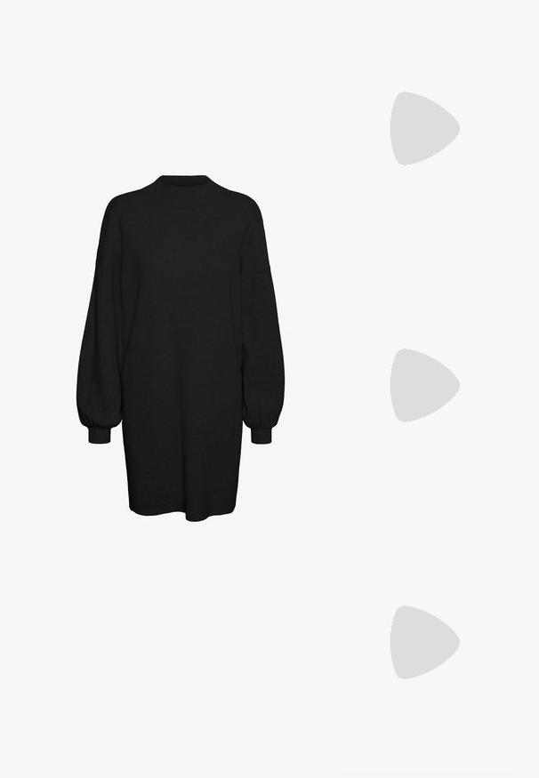 Svart langermet kjole laget av mykt materiale, med høy hals, løs passform og voluminøse puffede ermer. Enkelt design.; Svarte patentlær slingback hæler med spiss tå og geometrisk blokk hæl. Har et stilrent, minimalistisk design og jevn tekstur.; Gullfarget metallisk håndveske med en strukturert design, glatt tekstur og justerbar stropp. Har en unik trekantet form og minimalistisk søm.; Gullfargede øredobber med teksturerte, bølgete former. Inkluderer skulpturelle klipsstuds og åpen hoop-design med en hamret finish.