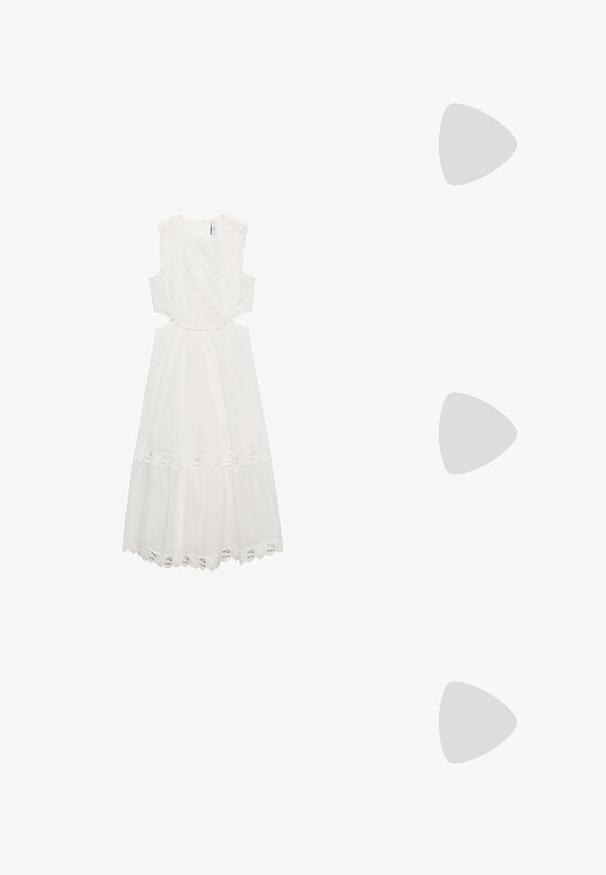 Weißes Kleid mit floralen Spitzenakzenten am Ausschnitt und Saum, ärmellos mit Ausschnitten an der Taille und einem ausgestellten Rock.; Schwarz-weiße Sportschuhe mit einem eleganten Design, Gummisohle, Schnürverschluss und drei weißen Streifen an den Seiten.; Schwarze rechteckige Sonnenbrille mit dunklen Gläsern, aus glattem Kunststoff. Besitzt ein goldenes Logo-Element an einem Arm.; Schwarze Leder-Umhängetasche mit zwei vorderen Reißverschlusstaschen, einer strukturierten Form, verstellbarem Tragegurt und texturiertem Oberflächenmaterial.