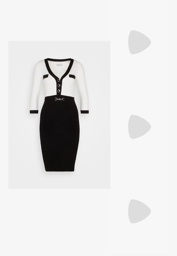 Robe ajustée noir et blanc avec un décolleté en V, trois boutons et une ceinture accentuant la taille. Dotée de longues manches avec des poignets contrastants.; Escarpins slingback en cuir verni noir avec un embout pointu, un design à découpes arrondies et un talon carré. Présente un accent de boucle en ton doré.; Lunettes de soleil noires surdimensionnées avec des verres dégradés, monture épaisse et détails en chaîne dorée sur les branches.; Sac à main noir avec surface texturée, deux poignées supérieures et bandoulière réglable. Doté de quincaillerie dorée et de poches latérales.