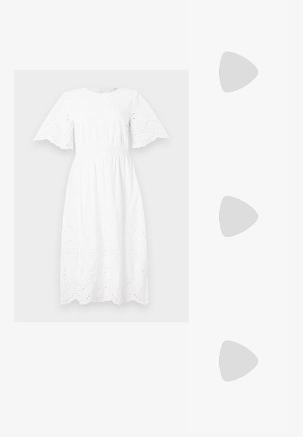 Άσπρο βαμβακερό φόρεμα με κοντά, φαρδιά μανίκια, στρογγυλή λαιμόκοψη και κεντητές λεπτομέρειες από ματάκι γύρω από το μπούστο και το στρίφωμα.; Λευκό ψηλοτάκουνο παπούτσι από λείο υλικό με μυτερή μύτη και λουράκι στον αστράγαλο. Διαθέτει εσωτερικό σε ανοιχτό καφέ χρώμα και αξεσουάρ σε χρυσό τόνο.; Διάφανα πλαστικά γυαλιά με τετράγωνους σκελετούς και διαφανείς φακούς, με χρυσές λεπτομέρειες στους βραχίονες για επιπλέον στυλ.; Καφέ δερμάτινη τσάντα χιαστί με υφή, με χρυσή αλυσίδα στον ιμάντα και κλείσιμο με καπάκι. Στο μπροστινό μέρος υπάρχει λεπτομέρεια με λογότυπο και μία τσέπη κάτω από το καπάκι.