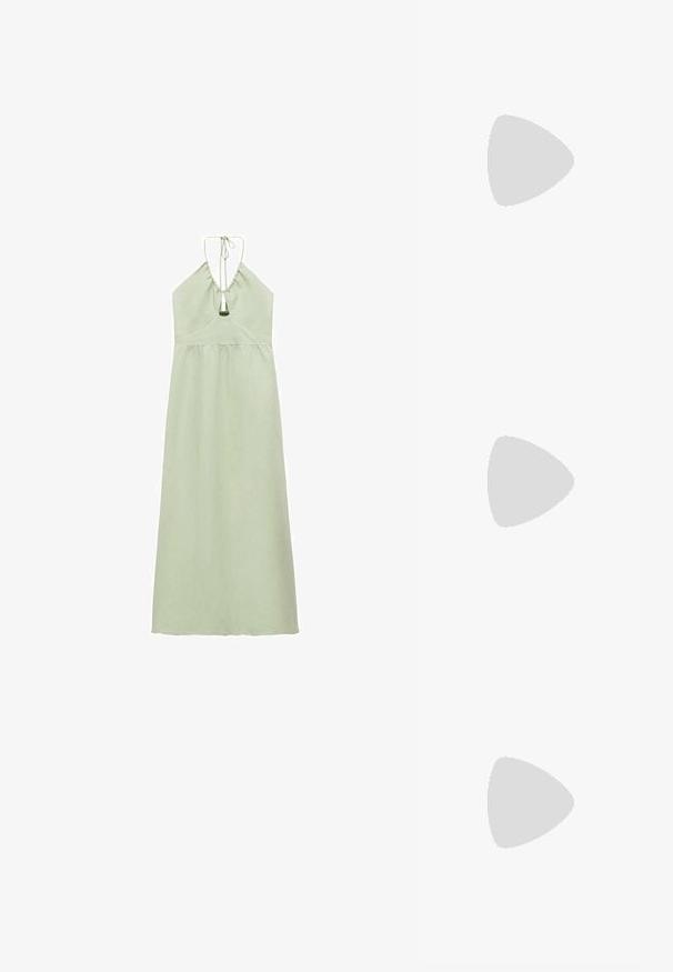 Mango Maxi šaty - light green; Zlaté veganské kožené sandály se dvěma nastavitelnými popruhy, korkovou stélkou a tmavou gumovou podrážkou. Hladký povrch s metalickým leskem.; Obdélníkové sluneční brýle s rámem z želvovinového plastu, tmavými skly a stříbrnými akcenty po stranách. Vyrobeno v Itálii.; Hnědá kožená crossbody taška s logem, zlatým řetízkem, zipovým uzávěrem a zlatými akcenty. Kompaktní a obdélníkový tvar.