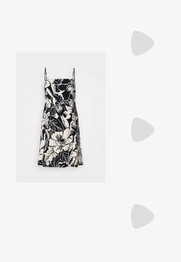 Schwarz-weißes Kleid mit Floralprint, dünne Träger, knielang, aus leichtem Stoff gefertigt. Verfügt über große Blumen- und Blättermuster.; Schwarze Lackleder Slingback-Absätze mit spitzem Zeh und kleinem Blockabsatz, ausgestattet mit einem silbernen Schnallenakzent am Riemen.; Schwarze rechteckige Sonnenbrillen mit dicken Rahmen, dunklen Gläsern und kantigem Design. Glattes Plastikmaterial ohne sichtbare Muster oder Akzente.; Schwarze Lederhandtasche mit geschwungener Form, abnehmbarem Tragegurt und goldenen Beschlägen. Die Tasche verfügt über einen Deckel mit einer Schnallen-Details.; Silberner Doppelring mit einer glatten, polierten Oberfläche. Verfügt über ein fließendes, kurviges Design mit überlappenden Abschnitten für einen modernen Look.