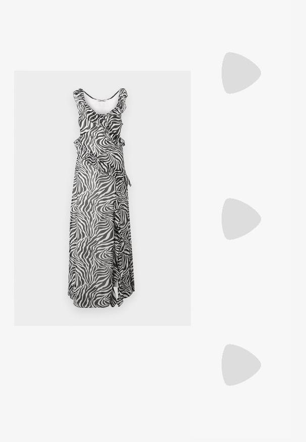 Maxi kjole i gennemsigtigt stof med et sort-hvidt zebra print, flæset halsudskæring og en kaskadende sideskæring.; Even&Odd Højhælede sandaletter / Højhælede sandaler - black; Solsikker med en slank, sølvmetalramme, gråtonede linser og et aerodynamisk design med spidse kanter og tynde arme.; Sort læder skuldertaske med flere lommer, en glat tekstur, lynlås-closures og justerbar rem. Kompakt rektangulært design.