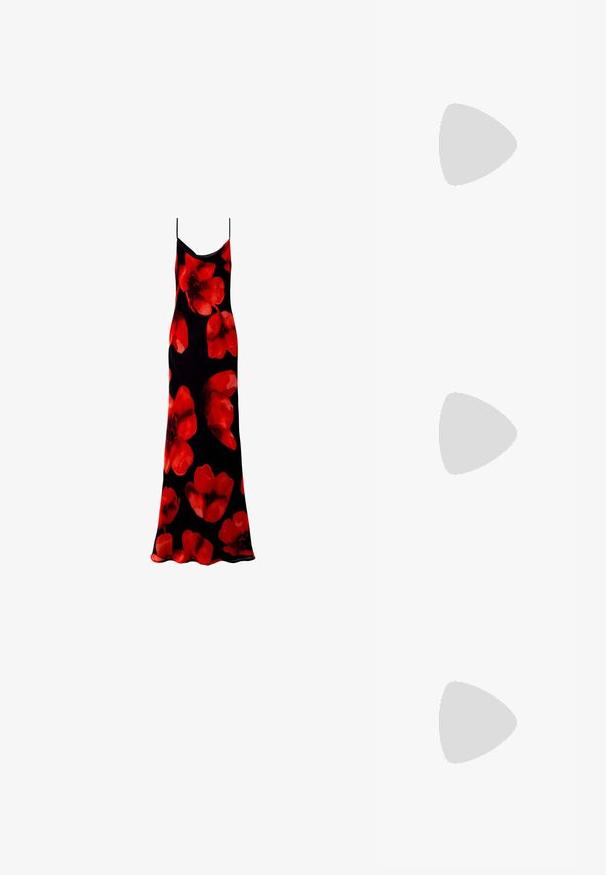 Schwarzes ärmelloses Maxikleid mit einem floralen Muster aus großen roten Blumen. Glattes, leichtes Material mit einer fließenden Silhouette.; Weiße Slingback-Absätze mit spitzer Zehenpartie, glattem Obermaterial, niedrigem Blockabsatz und seitlichem Ausschnitt-Design mit verstellbarem Schnallenriemen.; Runde Sonnenbrillen mit dunklen Gläsern und goldenen Rahmen. Das Modell trägt eine hellblaue, gerippte Strickjacke mit Knöpfen und weißen Kontrastärmeln.; Michael Kors Clutch in beige beschichtetem Canvas mit einem wiederholten MK-Logo-Muster, goldfarbener hardware und einem abnehmbaren Kettenriemen.