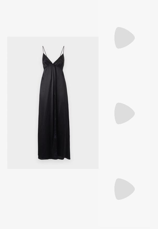 Rochie maxi neagră cu bretele subțiri, decolteu în V și talie plisată. Confecționată dintr-un material ușor și neted, având o siluetă fluidă.; Pantofi cu toc slingback negri din patent, cu vârf ascuțit, cu imprimeu de șarpe texturat, curea ajustabilă și toc scurt texturat.; Geantă neagră din piele, tip crossbody, cu două buzunare frontale, catarame aurii, închidere cu fermoar și o curea subțire. Suprafață texturată și formă rectangulară compactă.; Cercei din metal auriu, cu un design curbat și alungit. Au o suprafață netedă și strălucitoare, cu un vârf rotunjit pentru un detaliu suplimentar.