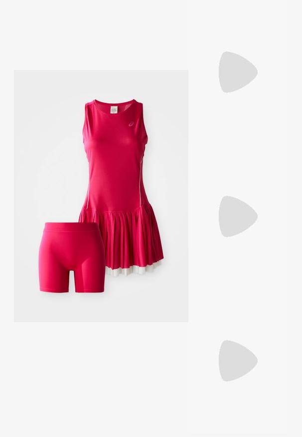 Pink athletic dress with attached pleated skirt and matching shorts. Made of lightweight, breathable material. Features contrast trim.; White athletic shoes with a textured mesh upper, cushioned sole, and subtle grey accents. Includes branding and looped heel tab for easy wear.; Black athletic waistband with ribbed texture, featuring a small white Nike swoosh logo on the right side. Smooth, fitted design.; Black duffel bag with a smooth fabric, dual zippered compartments, padded handles, and a large white Nike logo on the front.