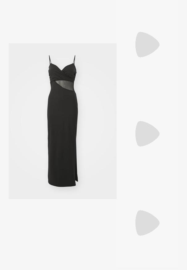 Crna maksi haljina s tankim naramenicama, koja ima uvijen gornji dio i prozirnu mrežastu površinu u struku. Elegantan, oblikujući dizajn.; Srebrna slingback salonska cipela s oštrim prstom, metalik završnom obradom, dva dekorativna remena i vitkim potplatom s crnim vrhom.; Crna kožna torba s glatkom teksturom. Ima podesivu naramenicu i elegantan, minimalistički dizajn s zatvaranjem na patentni zatvarač.; Srebrna dvostruka prsten s glatkom, poliranom površinom. Karakterizira ga fluidan, zakrivljen dizajn s preklapajućim sekcijama za moderan izgled.