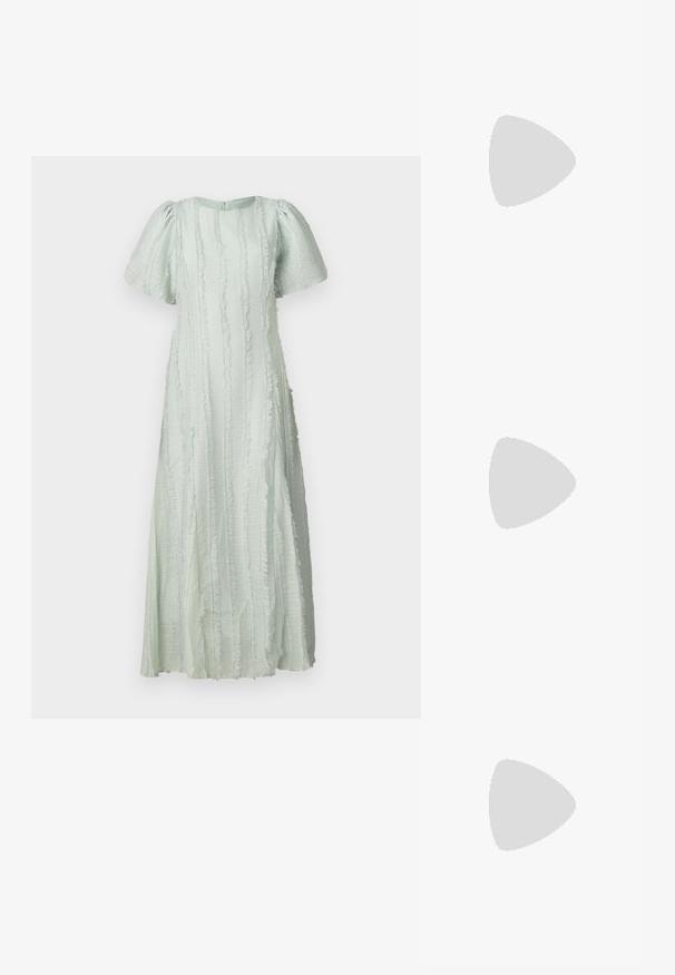 Light green maxi dress with puff sleeves, vertically striped texture, frayed details along the stripes, and a subtle sheen.; Even&Odd by Zalando High heels - silver-coloured; Silver metallic heart-shaped handbag with dual handles, chain strap, and smooth texture. Features metal hardware and stitched edges.; Silver double-band ring with a smooth, polished surface. Features a fluid, curved design with overlapping sections for a modern look.
