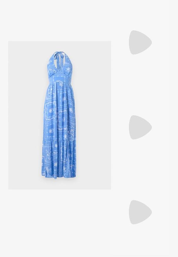 Blue halter-neck maxi dress featuring floral and paisley patterns, tiered skirt, and a relaxed fit. Soft fabric with a lightweight texture.; White cotton t-shirt featuring a large, bright red lobster graphic on the front. Short sleeves and standard crew neck design.; White high-top canvas sneaker with black rubber sole, front rubber toe cap, and six eyelets for laces, featuring a clean, minimalist design.; Red leather handbag with an angular, geometric design. Features a single adjustable strap and a flap closure with stitched detailing.