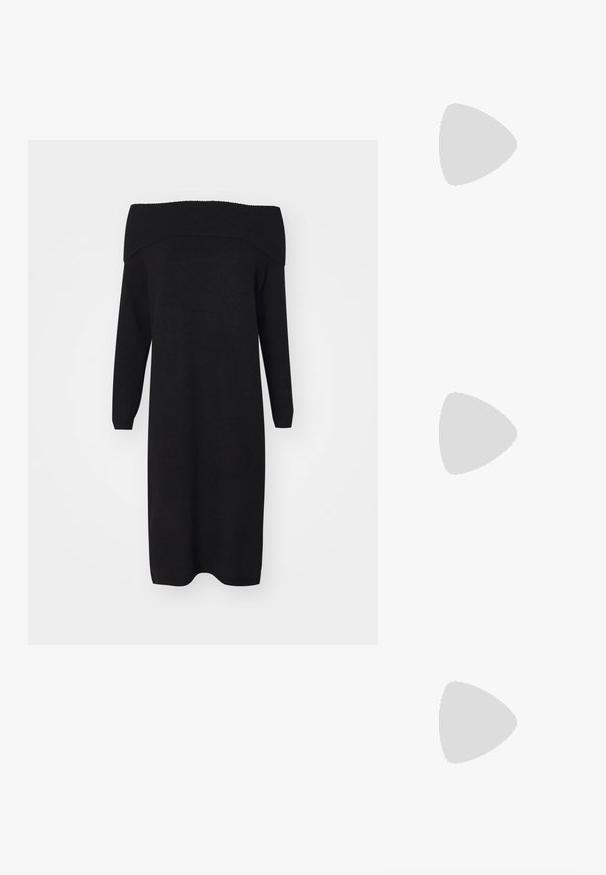 Vestito nero a maglia fuori spalla con maniche lunghe e scollatura a coste. Tessuto liscio, design al ginocchio, versatile per diverse occasioni.; Décolleté in vernice nera con punta affusolata e tacco in geometria cubica. Presentano un design elegante e minimalista, con una texture liscia.; Borsa hobo nera in pelle con una superficie liscia, forma curvata e una singola tracolla regolabile; presenta un'ampia apertura nella parte superiore.; Anello doppio in argento con superficie liscia e lucida. Presenta un design fluido e curvo con sezioni sovrapposte per un aspetto moderno.