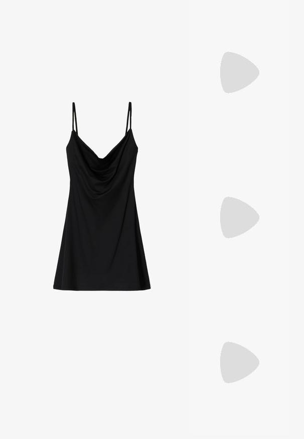 Bershka Dnevna obleka - black; Črne lakirane slingback pete s koničastim nosom in geometrijsko blokasto peto. Imajo eleganten, minimalističen dizajn in gladko teksturo.; Črna usnjena torbica s ukrivljeno obliko, z odstranljivo naramnico in zlatimi dodatki. Torbica ima pokrov s podrobnostmi v obliki zaponke.; Zlati prstan s organskim, zvitim dizajnom, gladko površino in taperiranimi konci, ki ustvarja modernega, skulpturalnega videza.