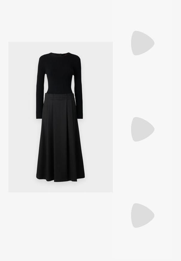 Set format din două piese de culoare neagră, care include un top cu mânecă lungă, cu dungi verticale, și o fustă A-line fluidă, ambele de un negru uniform și cu o textură netedă.; Balerini din piele neagră, cu vârf rotund, textură netedă, detalii de cusătură minimale și un design al tălpii flexibil.; Sœur Geantă crossbody - cognac; Cercei cu tija aurie, cu un design răsucit. Fiecare cercel are un fundal circular transparent pentru o purtare sigură.