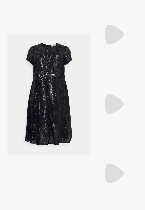 MICHAEL Michael Kors SEQUIN STRIPE MIDI DRESS - Robe de soirée - black; Escarpin slingback en cuir noir avec un bout pointu, un design découpé et un talon bloc épais. Texture lisse avec une esthétique minimaliste.; Sac à main en cuir marron avec une silhouette incurvée, une seule sangle et des garnitures en or. Il présente un accent tressé et une texture lisse et mate.; Boucles d'oreilles en forme de goutte en perles avec une surface polie, dotées d'un fermoir en argent et de perles blanches rondes. Design simple et classique.