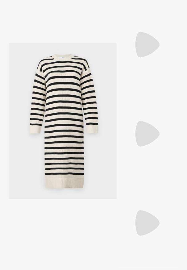 Abito in maglia con strisce orizzontali nere e crema, dalla vestibilità comoda, maniche lunghe e dettagli a coste sui polsi e sull'orlo.; Stivali da cowboy in pelle marrone con punta affusolata e tacco a blocco, caratterizzati da dettagliati ricami e accenti rialzati sul gambale.; Occhiali da sole cat-eye con una montatura tartarugata nera e arancione, lenti marroni e punte affusolate e eleganti. Presentano un logo minimale sulla asta.; Orecchini a cerchio in oro con una finitura liscia e lucida. Design circolare con un piccolo perno e una chiusura trasparente per un indosso sicuro.