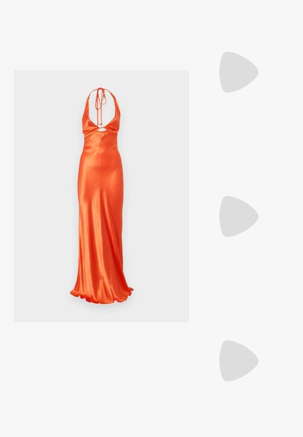 Μακριά πορτοκαλί σατέν φόρεμα με σχέδιο χορευτικού λαιμού, διαθέτει κοπή στη μέση και ρέον φούστα με κυματιστό τελείωμα.; Λευκά δερμάτινα αθλητικά παπούτσια με χοντρή λευκή σόλα, μαύρη σουέτ λεπτομέρεια στην φτέρνα και ανάγλυφο λογότυπο στο πλάι. Σχέδιο με κορδόνια και έξι θηλιές.; Μαύρα υπερμεγέθη γυαλιά ηλίου με γεωμετρικό σχήμα, διαθέτοντας σκούρους φακούς και αντίθεση γκρίζα λεπτομέρεια στη σκελετό. Λογότυπο στον βραχίονα.; Ασημένια σκουλαρίκια κρίκοι με λεία, λαμπερή φινίρισμα. Στρογγυλό σχήμα, ελαφρύ σχέδιο, με κλείσιμο τύπου πίσω.