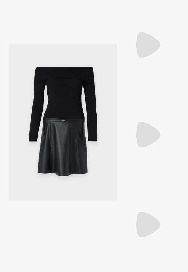 Top nero senza spalle con maniche lunghe, abbinato a una gonna nera in ecopelle con chiusura con cerniera e leggero svaso all'orlo.; Sandali neri con tacco alto presentano sottili cinturini con design annodato, una punta quadrata liscia e un elegante tacco a spillo.; Borsa a mano metallica grigia chiara con tracolla a catena, impreziosita da piccoli chiodi metallici circolari e da un logo triangolare del marchio.; Orecchini a cerchio in argento con una finitura liscia e lucente. Forma arrotondata, design leggero, con chiusura a perno.