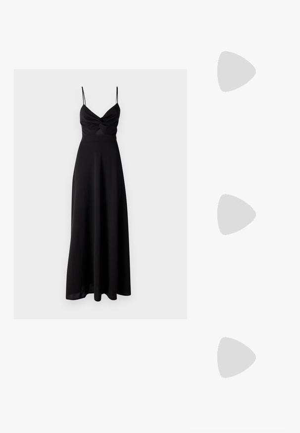 Czarna maxi sukienka z dopasowanym gorsetem, skręconym detalem na biuście, cienkimi ramiączkami spaghetti i zwiewnym dołem. Wykonana z miękkiej, lekkiej tkaniny.; Czarne lakierowane półbuty na obcasie z wydłużonym noskiem i geometrycznym słupkiem. Charakteryzują się eleganckim, minimalistycznym designem oraz gładką fakturą.; Czarna skórzana torebka o zakrzywionym kształcie, z odpinanym paskiem i złotymi akcentami. Torebka posiada klapę z zapięciem w kształcie klamry.; Pierścionek w odcieniu złota z organicznym, skręconym wzorem, o gładkiej fakturze i zwężających się końcach, tworzący nowoczesny, rzeźbiarski wygląd.