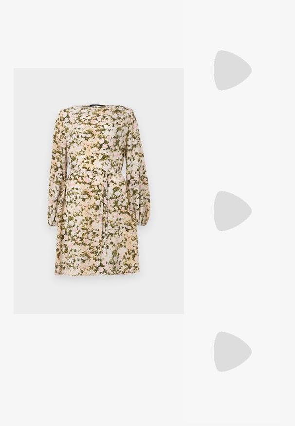 Abito floreale in tessuto leggero, con una base color crema e un pattern floreale rosa e verde, maniche lunghe e dettaglio vita con fiocco.; T-shirt bianca a maniche corte realizzata in tessuto a costine. Collo rotondo, vestibilità regolare e dettagli di cucitura sottili. Senza motivi o grafiche.; Pantofole da balletto nere in pelle con punta arrotondata, texture liscia, dettagli di cucitura minimi e design con suola flessibile.; Borsa a tracolla in pelle marrone con chiusura a pattina, hardware color oro, tracolla e una finitura liscia. Forma rettangolare compatta.