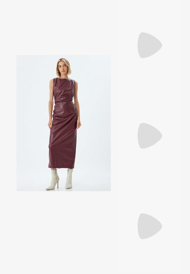 Koton Blusenkleid - bordeaux; Schwarzer, lederner Slingback-Schuh mit hohem Absatz und spitzer Zehenform, ausgestattet mit einem dünnen Absatz und einem verstellbaren Knöchelriemen mit goldfarbener Schnalle.; Schwarze Kunststoffsonnenbrille mit grünen Gläsern, ovaler Form und goldfarbenem Logo-Detail an den Scharniere. Glatte Textur und glänzendes Finish.; Schwarze Ledertasche mit strukturiertem Finish, eleganten Design, kurzem Tragegurt und goldfarbener Logo-Akzent. Vor einem hellen Stoffhintergrund gehalten.; Goldenes rechteckiges Armbanduhr mit einem strukturierten hellgrünen Zifferblatt, zwei schwarzen Stundenmarkierungen, einem goldenen Metallarmband und einem minimalistischen Design.; Schwarzes Stirnband-Fascinator aus durchsichtiger Tüll, mit schichtweisen Schlaufen und einer zentralen Schleifenapplikation. Drahtstruktur zur Formgebung.