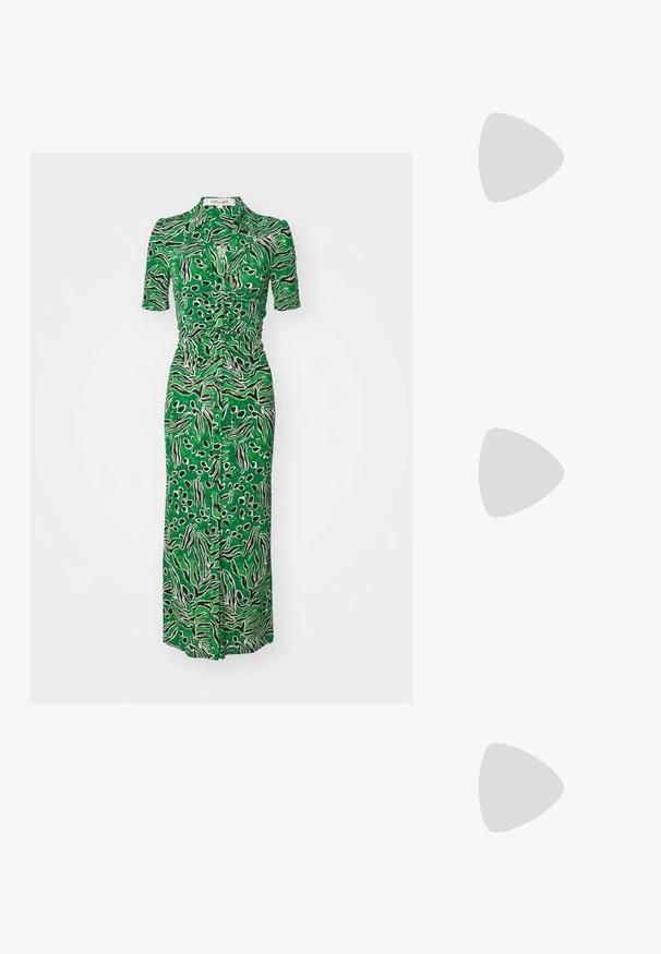 Diane von Furstenberg ZOEY DRESS - Srajčna obleka - green; Bež čevlji na visoki peti s tankim trakcem okrog gležnja in dvema zgornjima trakoma. Sijajna lakirana površina in zlat detajl na trakcu okrog gležnja.; Črna lakasta usnjena torbica z zlatim okovjem, vključno z zaponko. Ima strukturirano zasnovo in snemljiv trak. Kompaktna pravokotna oblika.; Marchesa Uhani - gold-coloured
