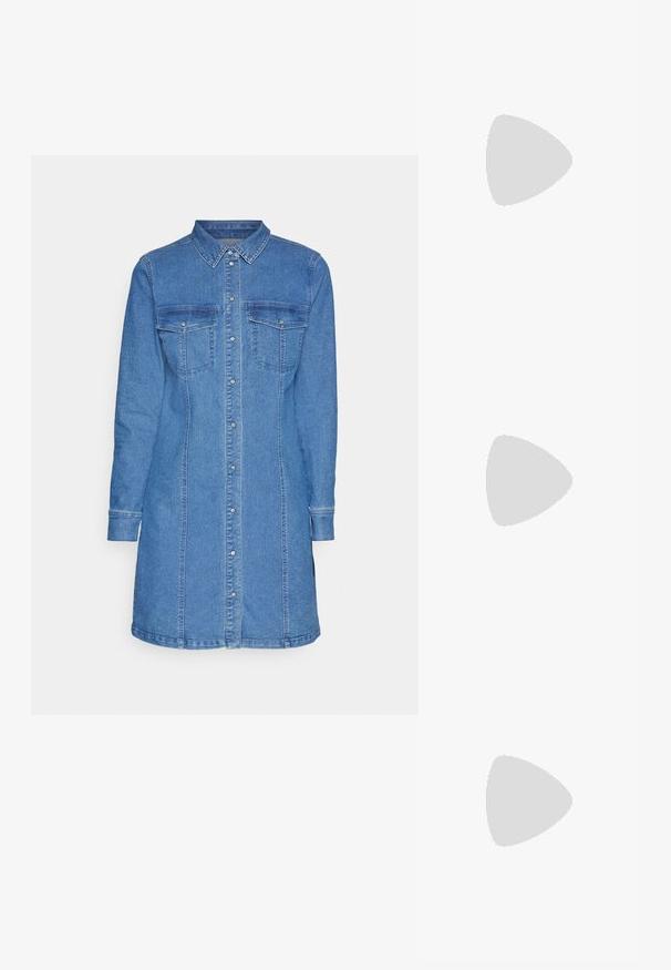 Rochie din denim, bleu deschis, cu nasturi pe față, guler ascuțit, mâneci lungi, două buzunare pe piept, croi drept și detalii cusute.; Pantofii slingback din piele patent maro, cu vârful ascuțit și un toc moderat. Prezintă o curea cu prindere pentru o potrivire sigură. Textură netedă.; Ochelari în nuanță de țestoasă maro, cu lentile ovale, brațe subțiri și accente transparente. Prezintă un logo subtil pe tâmplă. Design elegant și ușor.; Even&Odd Geantă de mână - brown