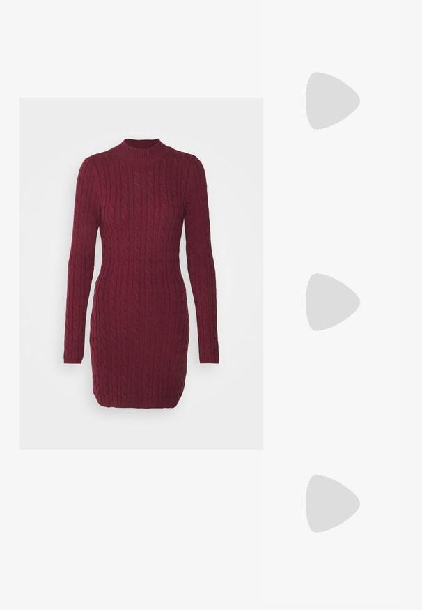 Hollister Co. CABLE DRESS - Vestido de malha - burgundy; Sandal de tiras pretas com biqueira quadrada e um pequeno salto bloco. Apresenta várias tiras finas e uma tira no tornozelo ajustável. Feito de couro liso.; Óculos de sol cat-eye pretos com acabamento mate, apresentando lentes cinzentas, ângulos acentuados e hastes elegantes. Nome da marca visível na parte interna da haste.; Clutch metálico dourado com uma forma suave e arredondada, apresentando um fecho de botão superior e uma pequena alça em corrente para transporte.