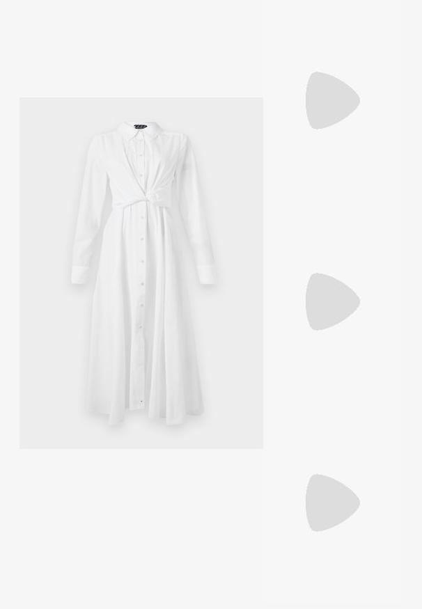 Vit långärmad skjortklänning med krage, knappfront och knuten midja; har en flödig, rak skärning och mjuk textur.; Svarta lädersandaler med tunna remmar och en spänne vid vristen. Platt sula med en texturerad yta och zigzagkant. Minimalistisk design.; Svart läderhandväska med en strukturerad design, som har en avskuren form, ett handtag upptill och guldiga detaljer. Justerbar axelrem ingår.; Silverfärgade hoopsörhängen med en slät, böjd design. Har en glänsande metallisk yta och ett stiftlås. Inga synliga mönster eller detaljer.