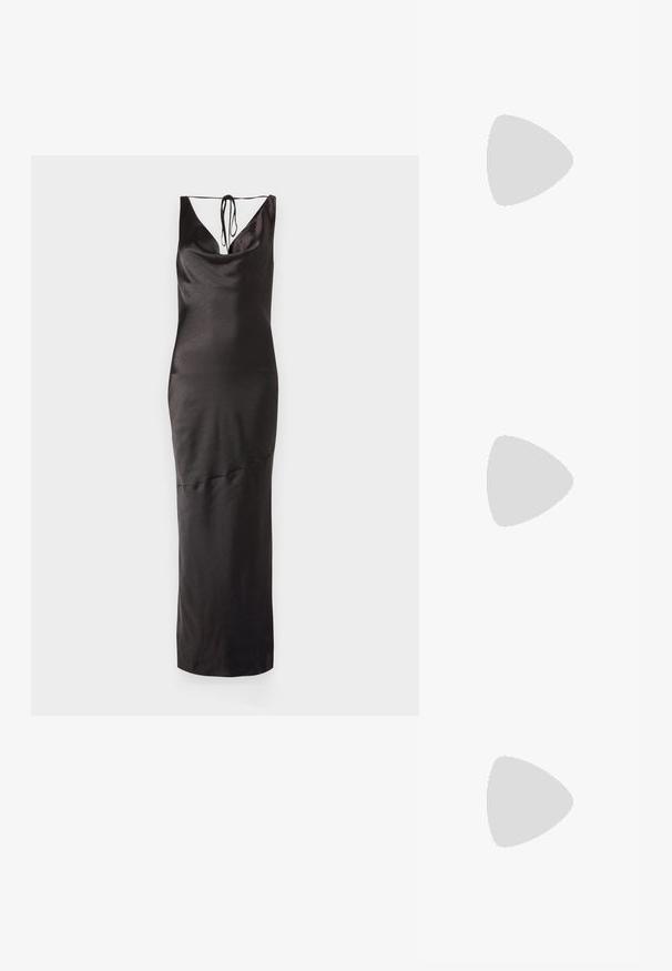 Black sleeveless dress in satin fabric. Features a cowl neckline, adjustable tie at the back, and a fitted silhouette to mid-calf.; Black heeled sandals with multiple crisscross straps. Smooth material, pointed toe, and narrow heel. Adjustable ankle strap with buckle.; Silver metallic pouch bag with a soft, rounded shape and a knotted top closure. Made from smooth faux leather material.; Green tank top with lace detail at the shoulder and neckline, featuring a fitted design and soft fabric. Paired with light-colored trousers.