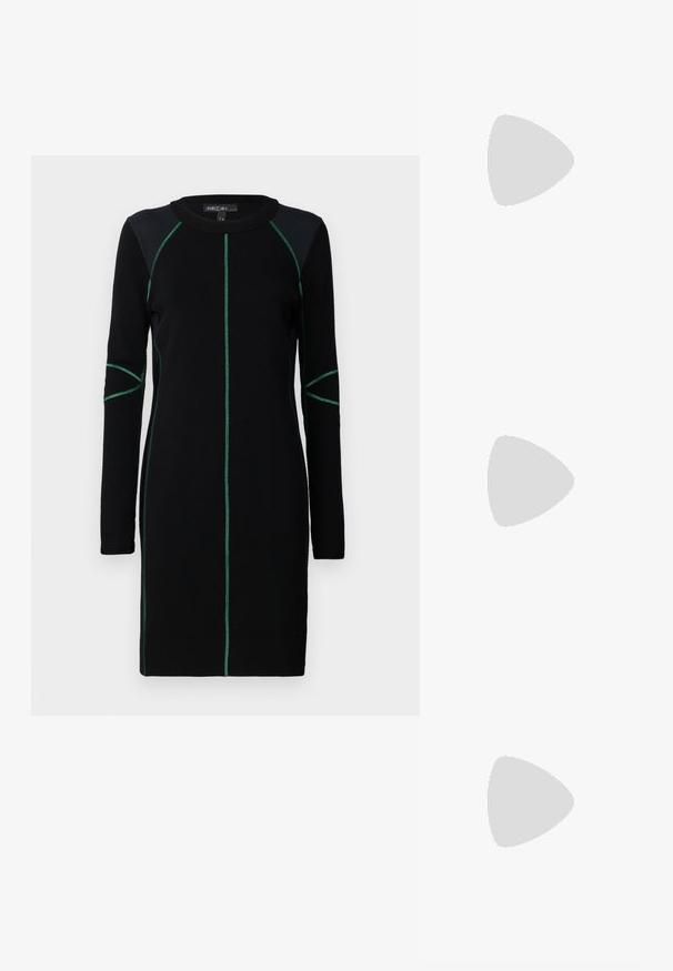 Schwarzes Strickkleid mit langen Ärmeln, das grüne Nähte entlang der Nähte und am Hals aufweist. Gerader Schnitt, runder Halsausschnitt und knielang.; Weiße Leder-Sneaker mit einer dicken weißen Sohle, schwarzem Wildlederakzent an der Ferse und geprägtem Logo an der Seite. Schnürdesign mit sechs Ösen.; Schwarze übergroße Sonnenbrille mit geometrischer Form, ausgestattet mit dunklen Gläsern und einem kontrastierenden grauen Detail im Rahmen. Logo am Bügel.; Silberne Metalohrringe mit einer glatten, tröpfchenförmigen Form und einer polierten Oberfläche. Subtile Gravuren fügen Details hinzu. Minimalistisches Design.