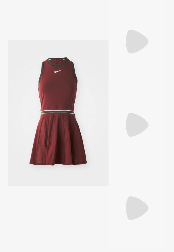 Maroon athletic dress with a fitted bodice and a flared skirt, featuring a contrasting dark green neckline and waistband with white accents.; White leather sneakers, low-top design, featuring a smooth texture, round toe, laced front, and a small embroidered logo on the side.; Black leather half-moon bag with a gold hardware accent, featuring a zip closure. Worn crossbody over a gray sweater.; Gold-tone knot stud earrings with a twisted design. Each earring features a circular clear backing for secure wear.