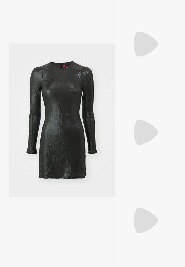 Musta paljettimekko, jossa on pitkät hihat, pyöreä pääntie, vartalonmyötäinen malli ja takavetoketju. Mekossa on sileä pinta ja kiiltävä viimeistely.; Musta nahka slingback-kengät, joissa on terävä kärki, kapea korko ja koristeellinen rusetti. Sileä pinta ja tyylikäs muotoilu.; Hopeinen metallinen olkalaukku, jossa on sileä pinta, kaareva muotoilu, ketjuolkaimet ja kiiltävä etupaneeli, jossa on hienovarainen logon kaiverrus.; Hopeakorvakorut, joissa on virtaava, spiraalimainen muotoilu. Sileä pinta, jossa on kiiltävä viimeistely. Ominaisuuksina hienovarainen kiilto ja ei näkyviä koristeita.